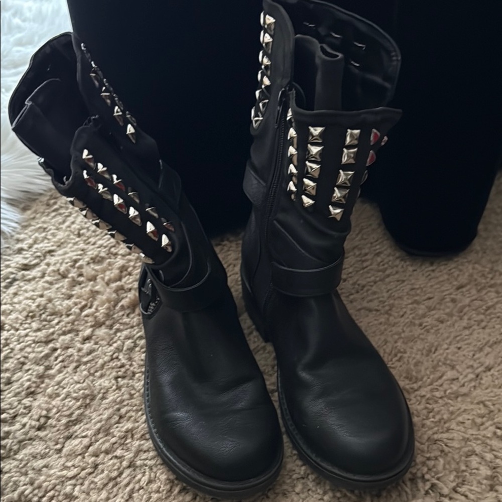 Carlos Santana Black Combat Moto Boots with Stud Detailing